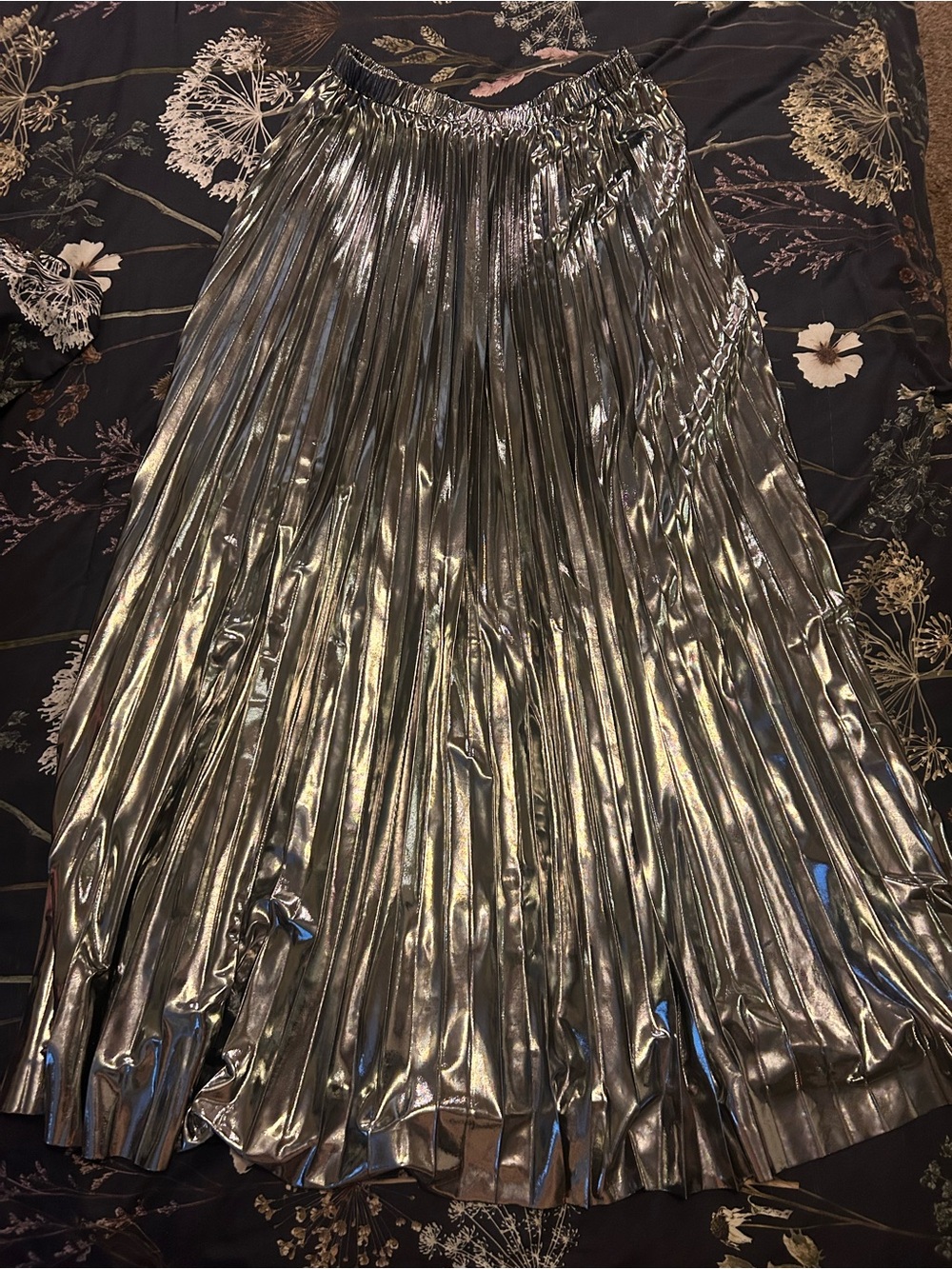 Dressed in Lala Metallic Pleated Midi Skirt in Sterling Silver